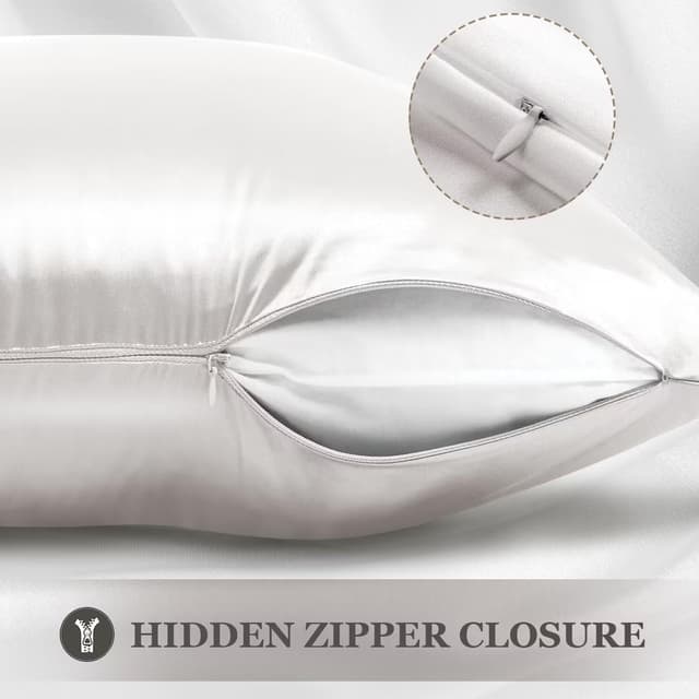 Detalle de Adubor 100% Mulberry Silk Pillowcase (22 Momme) with Hidden Zipper, Queen Size, Ivory White – 1pc