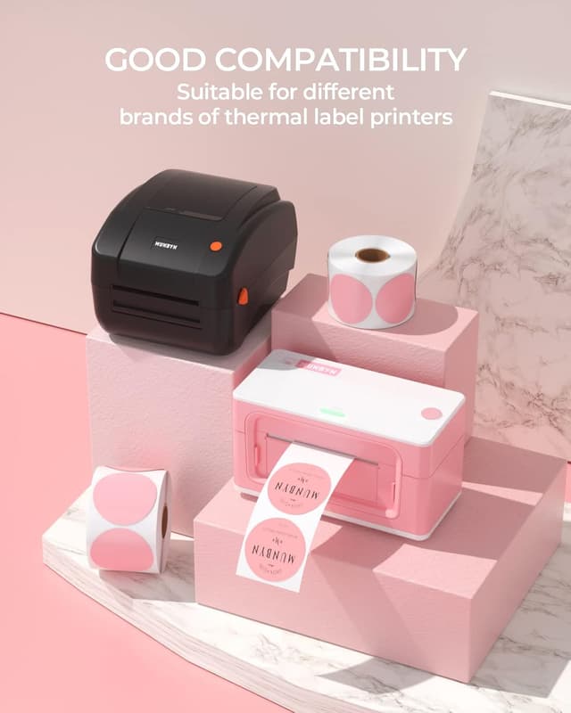 Detalle de MUNBYN 50x50mm Pink Circle Thermal Sticker Labels (2 inch) – direct thermal, self-adhesive round labels for QR codes & DIY