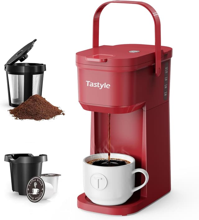Detalle de Tastyle Single Serve One Cup Coffee Maker (for K-Cups and Grounds) — 6 to 12 Oz, Mini Travel Brewer, Vintage Red