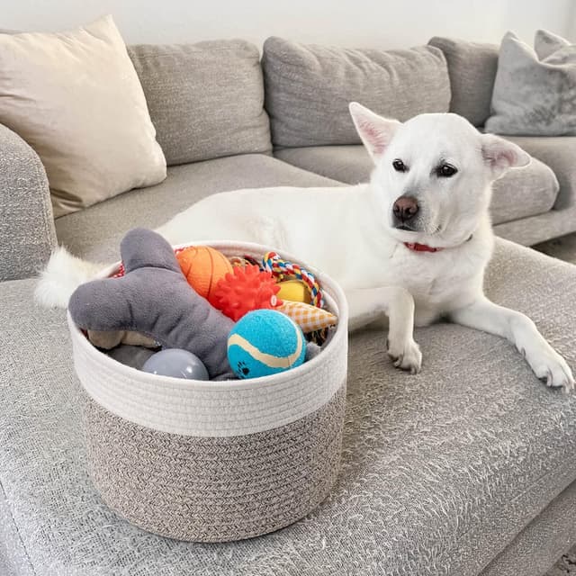 Detalle de TIMEYARD Aufbewahrungskorb für Kinder: geflochtener Korb (24 x 18 cm) in Braun & Weiß