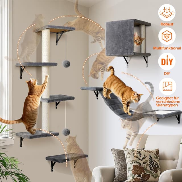 Detalle 2 de Thihome Katzen-Kletterwand Set (10-teilig) mit Hängebrücke, Kratzbrettern und Schlafhöhle