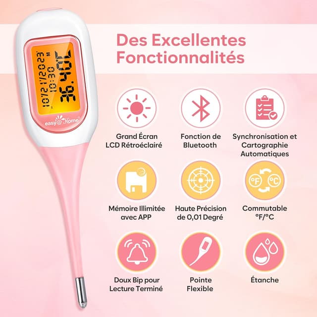 Detalle 2 de Easy@Home Thermomètre basal Bluetooth avec suivi d’ovulation et appli Premom (iOS/Android) – Rose