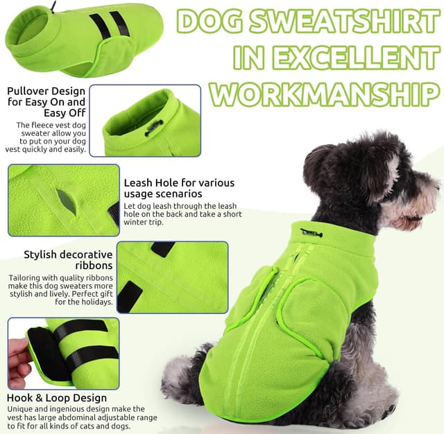 Detalle de PUZAUKAL Adjustable Dog Fleece Jumper Vest (Green S) – warm, step-in fleece coat with adjustable neck and belly