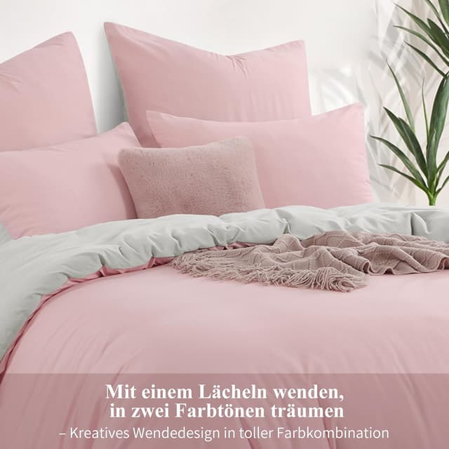 Detalle de Aisbo Bettwäsche 200x200 (3-teilig) Rosa/Beige – Wendebettwäsche aus Mikrofaser mit Reißverschluss