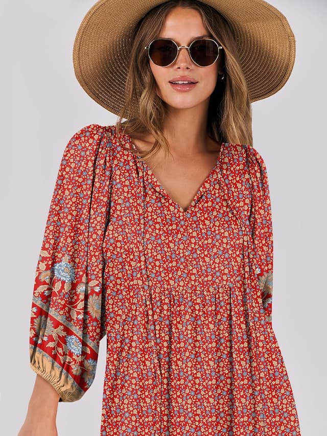 Detalle de ANRABESS Boho Maxi Dress: Floral V-Neck Flowing Swing 🌺