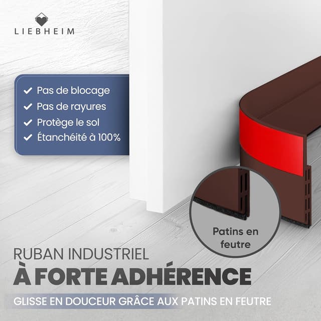 Detalle 2 de Bas de porte isolant LIEBHEIM (boudin + joint) marron – 1 pièce, pour limiter froid, courants d’air et nuisibles