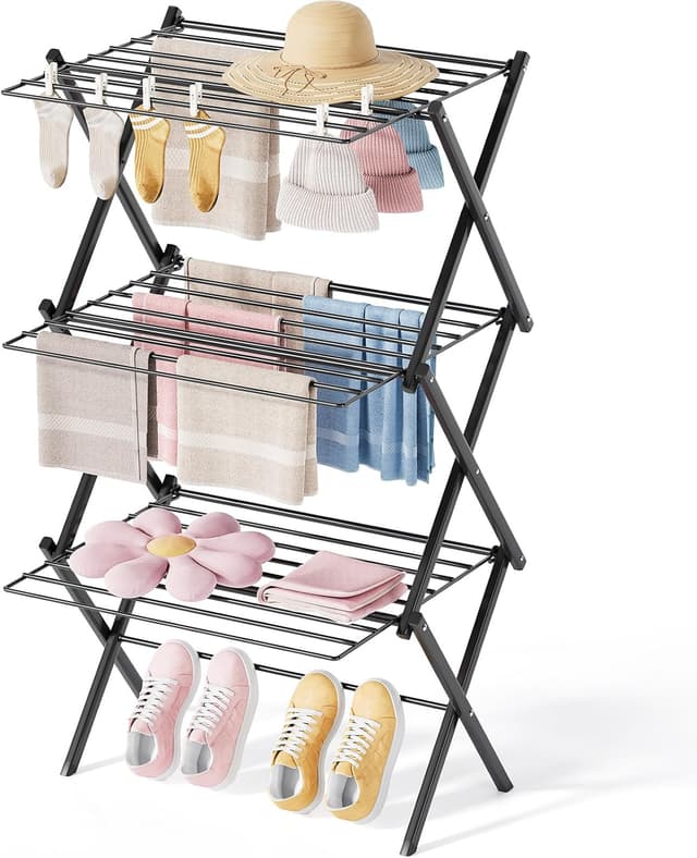 Detalle de SYKIARIOL 3-Level Foldable Clothes Airer with 15kg capacity, 10m drying length (52 x 54 x 114cm) – Black