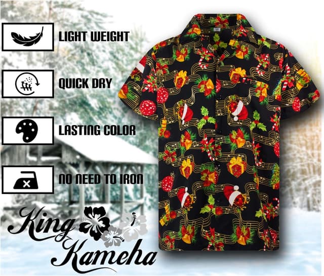 Detalle de King Kameha Men’s Ugly-Christmas-Shirts Funky Short-Sleeve Button-Up Ginger-Bread Print