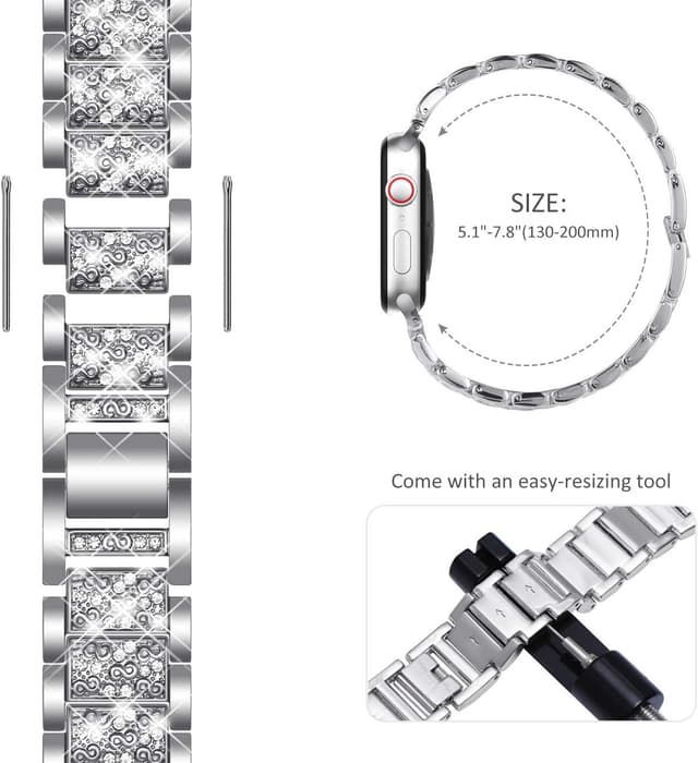 Detalle 2 de NewWays Sparkling Stainless Steel Link Bracelet Replacement Band for Apple Watch (38mm–42mm, Series 1–11/SE), Silver