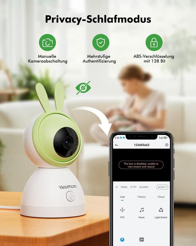 Detalle 2 de YESIMOM Babyphone mit Kamera 1080P HD, PTZ 360° und App (WLAN, IR-Nachtsicht, 4x Zoom)