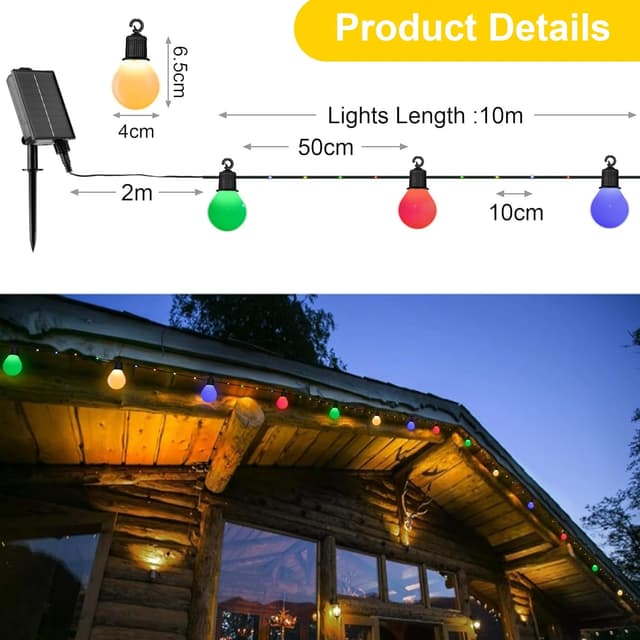 Detalle 2 de Tacobey Solar-Lichterkette Außen bunt mit 20 G40-Lampen – 10 m 100 LED, USB-ladbar, 8 Modi (IP65)