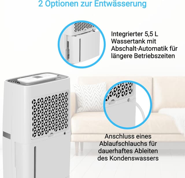 Detalle 2 de KLAMER Luftentfeuchter elektrisch 25 L/24h – 5,5-L-Tank, leise, Smart Sensor, Timer & Wäschemodus