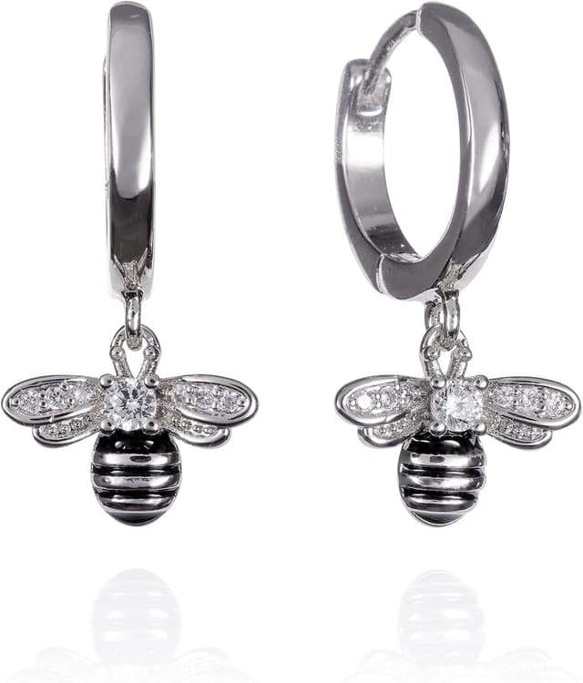 Detalle de Namana Orecchini a cerchio in argento 925 con ciondolo ape, smalto nero e zirconie