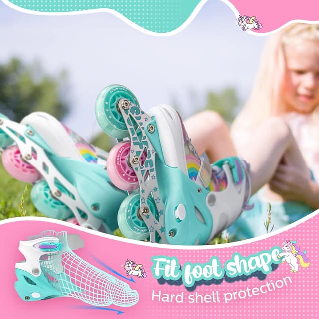 Detalle 2 de SULIFEEL Rainbow Unicorn Adjustable Inline Skates for Kids (4 Sizes) with Light-Up Wheels