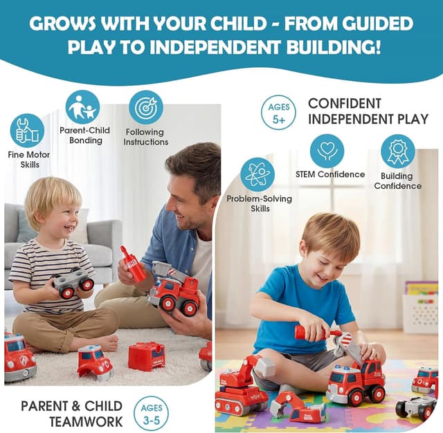 Detalle de Baobrava 5-in-1 Fire Truck Transformers STEM Drill & Screw Build Set (Ages 3–8)