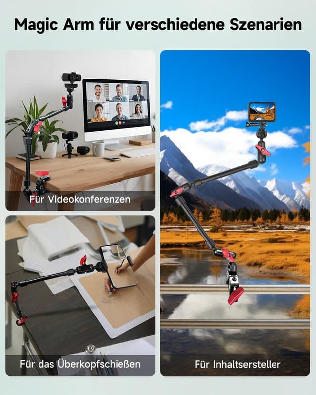 Detalle 2 de JEBUTU 56 cm Magic Arm mit Super Clamp, 360° flexibler Tischhalter mit 1/4"-Gewinde – schwarz/rot