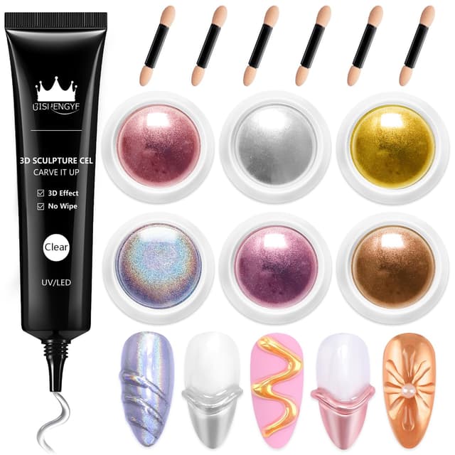 Detalle de BISHENGYF Multifunktions 3D Nail Gel (No Wipe) & Laser Pink Chrome Pulver Set – 15 g mit 6x Chrome Nail Powder