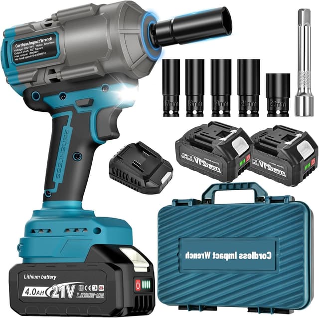 Detalle de Yofuly 1100 Nm Akku-Schlagschrauber 1/2" bürstenlos – mit 2×4000 mAh Akku, 5 Stecknüssen, Verlängerung & Koffer