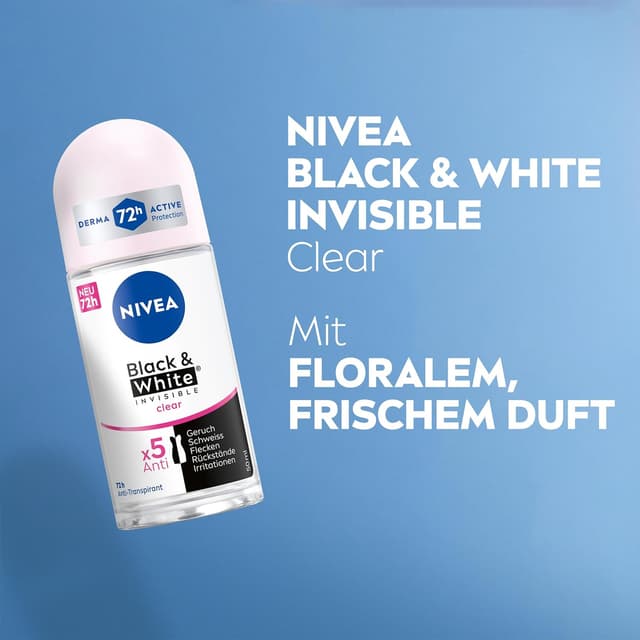 Detalle de NIVEA Black & White Invisible Clear Deodorant Roll-On (50 ml) – Anti-Flecken-Formel ohne Ethylalkohol