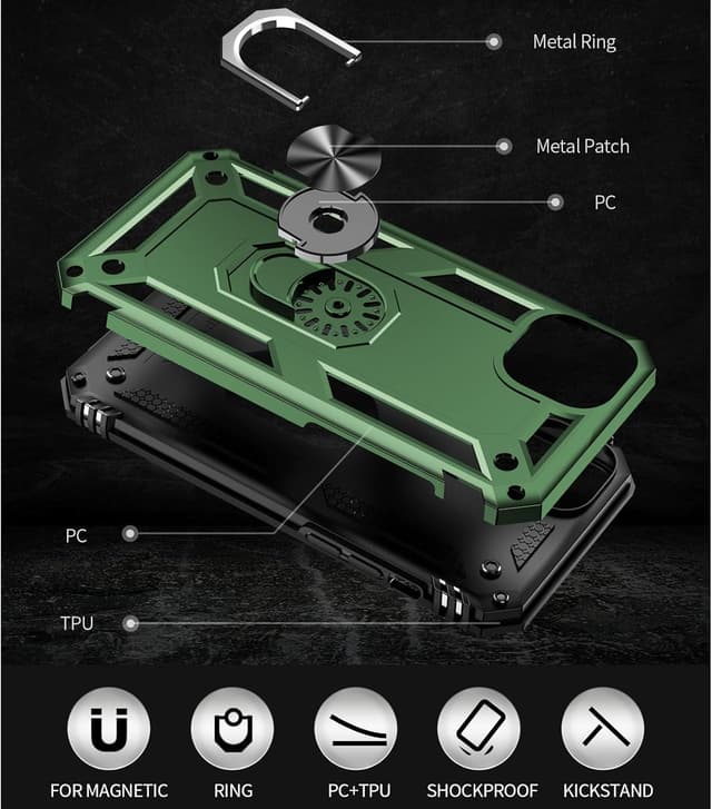 Detalle de Aozuoton iPhone 15 Case with Screen Protector and 360° Rotatable Kickstand (Heavy Duty, Army Green)