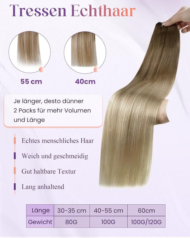 Detalle de LaaVoo Extensions Tressen Echthaar Ombre Braun (Remy) – Sew-in/Weft Haarverlängerung zum Einnähen, 100 g, 50 cm