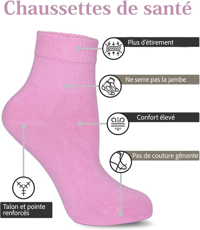 Detalle de Lot de 4 paires de chaussettes pour diabétiques en bambou (avec lycra), sans couture à l’avant