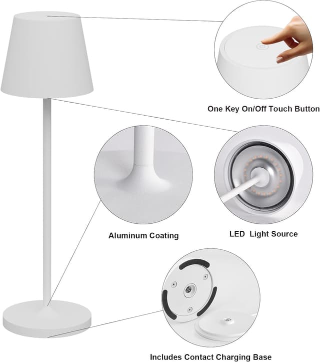 Detalle 2 de Klighten 2 Pezzi Lampada LED dimmerabile da tavolo ricaricabile, 3000K, IP54, in alluminio (H38 cm) bianco