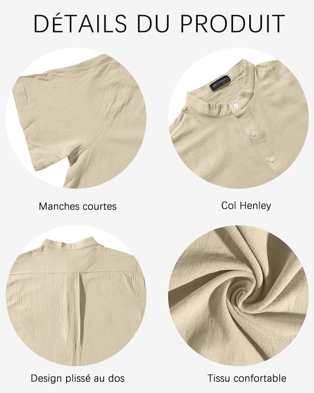 Detalle de YAOBAOLE Chemise Lin Homme à Manche Courte Henley col mao