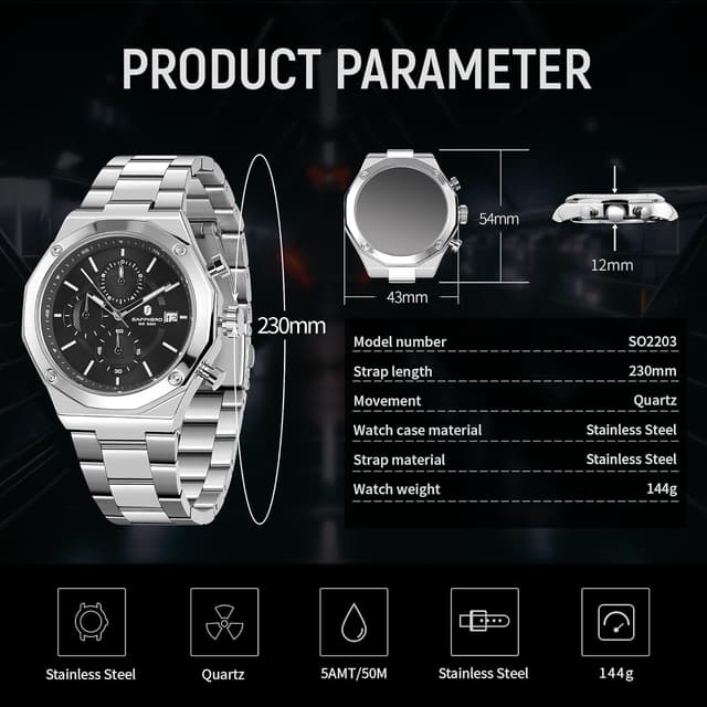 Detalle 2 de BENYAR orologio da uomo analogico al quarzo in acciaio, cinturino Timing, impermeabile e luminoso