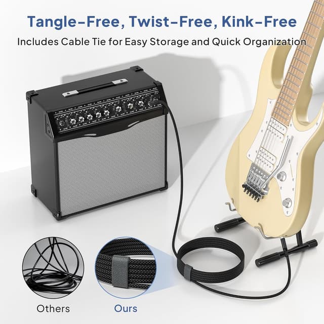 Detalle de Elebase 6,35 mm TRS Gitarrenkabel (3 m) – 2er-Set mit 6,3 mm Klinke für Gitarre, Bass & Keyboard