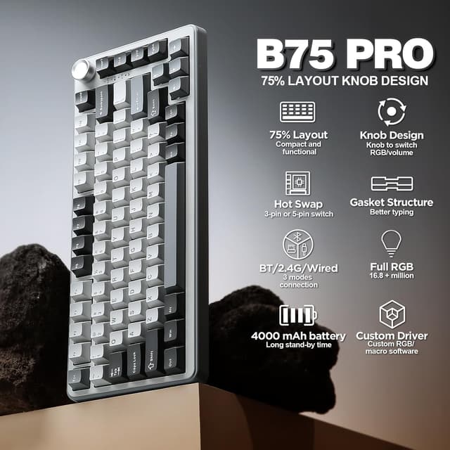 Detalle 2 de YUNZII B75 PRO 75% kabellose mechanische Tastatur mit Drehknopf (BT/2.4G/Type-C), Hot Swap, QWERTY (Cocoa Cream V2, grau)