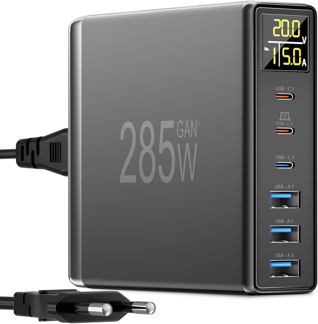 Detalle de YSYFAD 285W caricatore USB-C multiplo 6 porte con display LED e tecnologia GaN