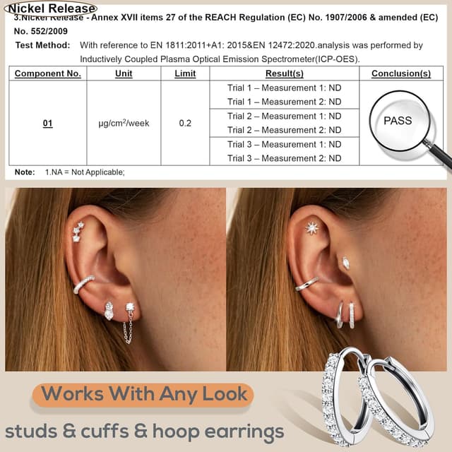 Detalle de Roheafer 9 Paar Ohrringe Set für Ohrstapeln: Creolen, Knorpelpiercing-Stecker & Ohrklemmen (hypoallergen)