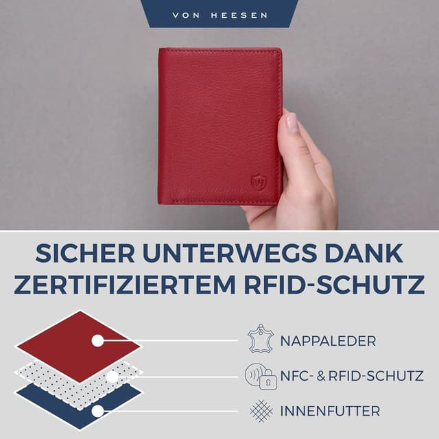 Detalle de VON HEESEN Leder-Geldbörse mit RFID-Schutz (Rot) – Herren & Damen, Echtleder