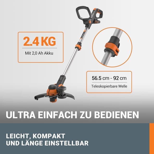Detalle de WORX WG163E.1 Akku-Rasentrimmer 20V 2-in-1 mit Rad zum Kantenschneiden (30 cm Schnittdurchmesser)