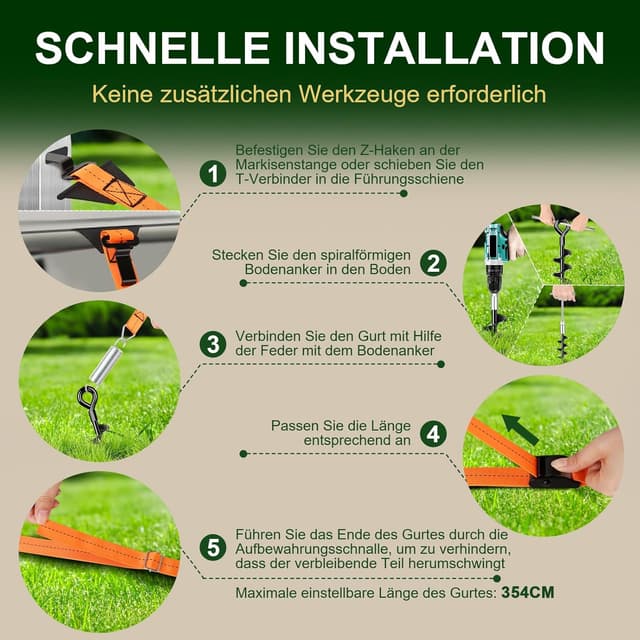 Detalle de SCHINTILLO Verbessert Sturmband & Spiralförmige Bodenanker für Markise/Vorzelt (37 cm, 120 km/h)
