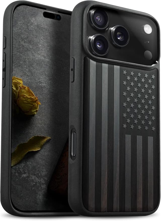Detalle de Carveit Magnetic Wooden Case for iPhone 17 Pro Max — Laser-Engraved Wood + Soft TPU (MagSafe Compatible) — Classic American Flag Blackwood
