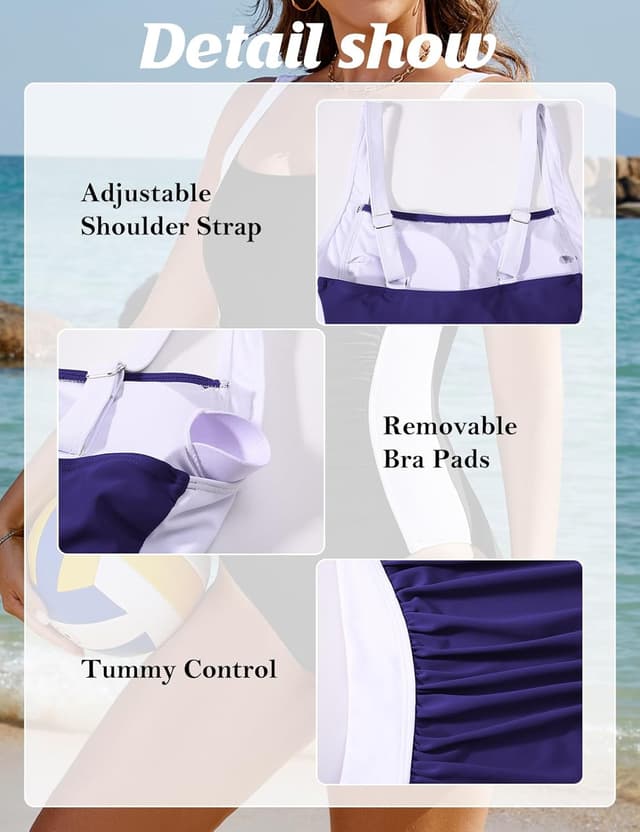 Detalle 2 de Vijamiy Damen Badeanzug „Bauchweg“ mit One-Shoulder und Push-up-Polsterung (Badeanzug einteilig, Colour-Blocking)