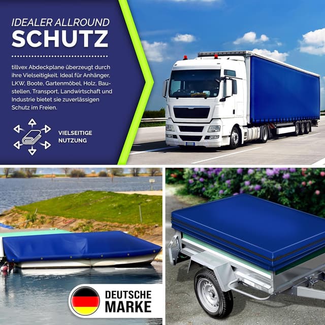 Detalle 2 de tillvex® Abdeckplane mit Ösen (Grau) 5x7 m: wasserdichte PVC-Gewebeplane mit 10 Spanngummis & 15 m Seil