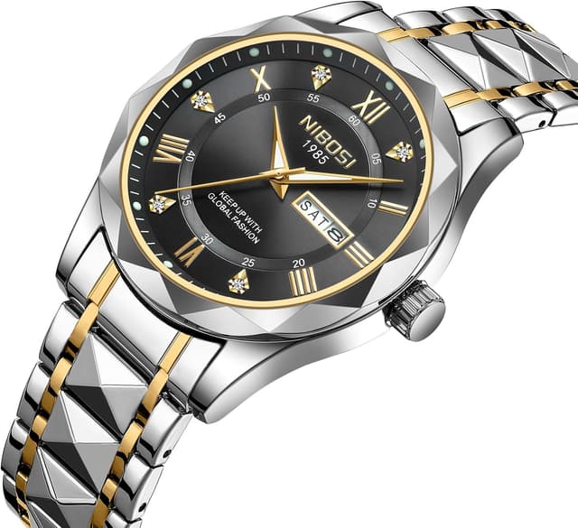 Detalle 2 de NIBOSI Orologio analogico da uomo al quarzo in acciaio inox, impermeabile 3 ATM (30 m) – stile business e casual