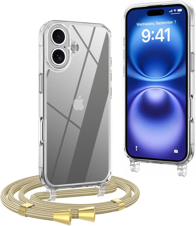 Detalle de OLEPHY Handykette für iPhone 16 Plus: transparente Stoßschutz-Hülle mit verstellbarem Umhängeband (6,7 Zoll) – Yellow