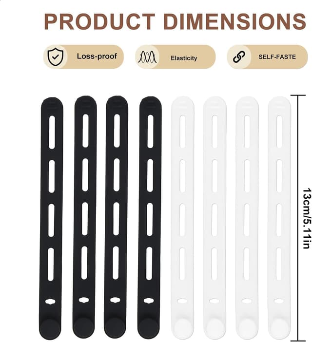 Detalle de Alyxen 8x Silikon-Kabelbinder, 130 mm – Kabelorganisator mit Schnalle zum Binden & Ordnen (Schwarz/Weiß)