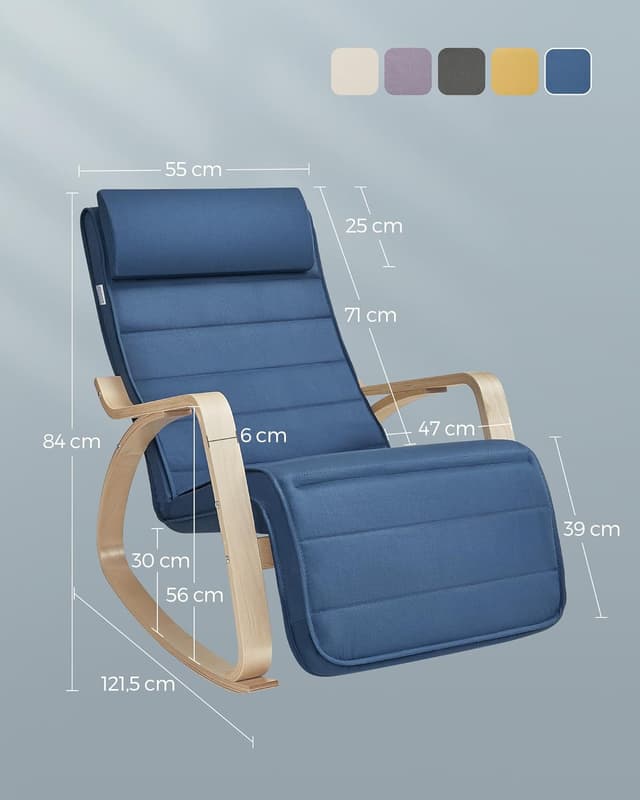 Detalle de SONGMICS LYY010Q01 Sedia a dondolo in betulla con poggiapiedi regolabile a 5 altezze, portata 150 kg (Blu Notte/Naturale)