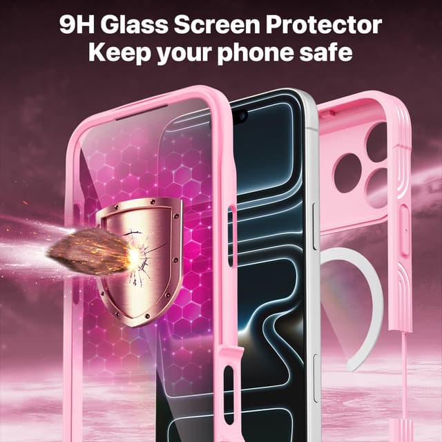 Detalle de CENHUFO iPhone 17 Pro Max MagSafe case with built-in 9H glass screen protector – 360 shockproof full body, pink