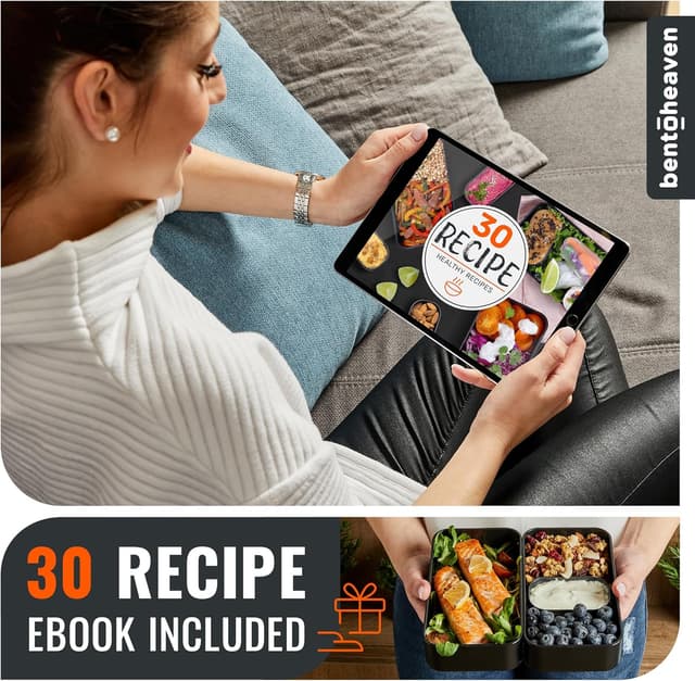 Detalle de Bentoheaven Premium Bento Box Adult Lunch Box (Microwavable, 2 Compartments, Dip Container) with Utensils & Chopsticks