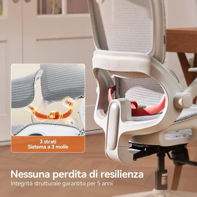 Detalle de SIHOO B100 sedia ergonomica da ufficio con supporto lombare dinamico, poggiatesta e reclinazione 90–135° (bianca, senza poggiapiedi)