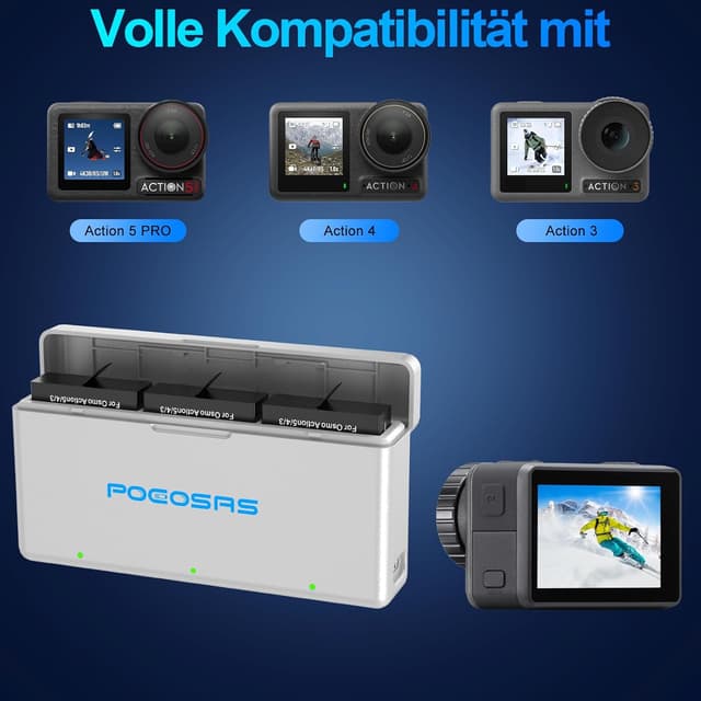 Detalle 2 de POEOSAS Osmo Action 6/5 Pro/4/3 Akku-Ladegerät-Set (2er Pack) mit 3-Kanal-Schnellladehub