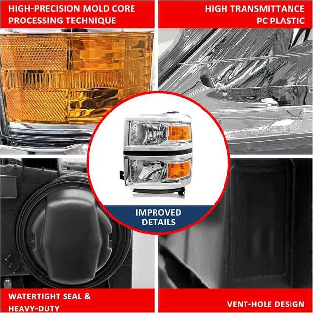 Detalle 2 de ADCARLIGHTS OE-Style Headlight Assembly Pair for 2014–2015 Chevy Silverado 1500 (Halogen, Chrome Housing)