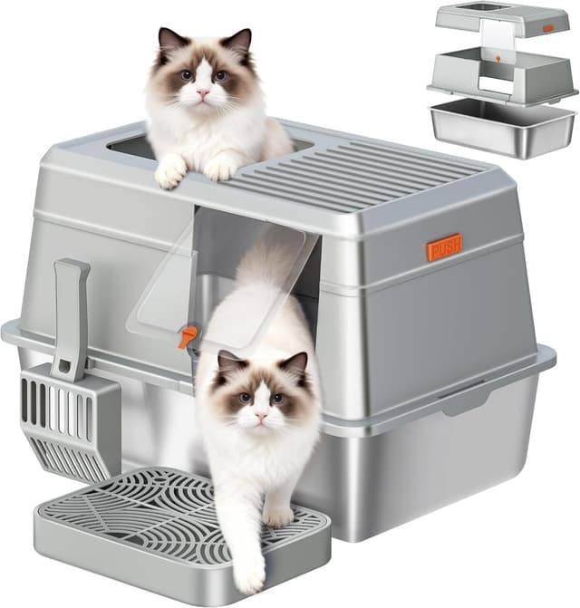 Detalle de Fobyfurny FPLB204SG1 Lettiera chiusa in acciaio inox XXL con coperchio, doppio ingresso e pedana (60 x 40 x 38 cm) – Grigio chiaro