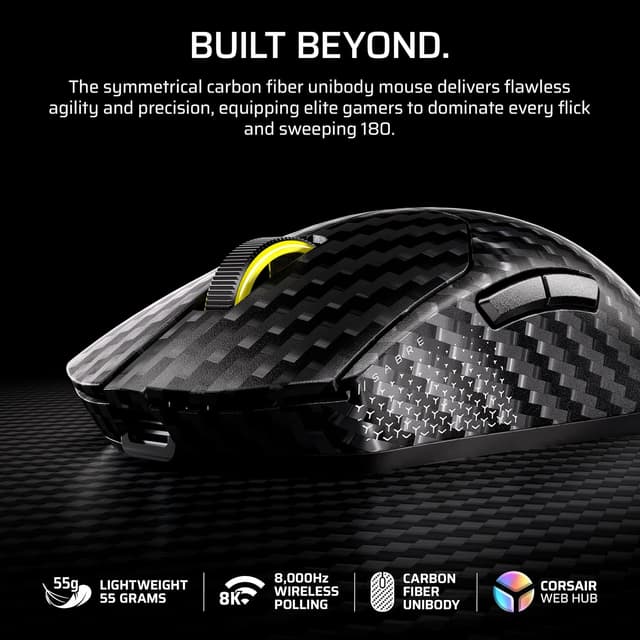Detalle de Corsair Sabre v2 PRO Wireless CF FPS Gaming Mouse (Black) — Carbon Fiber Unibody, 33,000 DPI, 8,000Hz Hyper-Polling